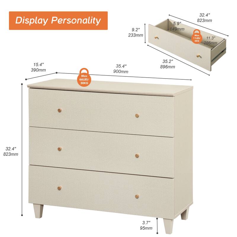 Wood Dresser with 3 Wide Drawers for Bedroom, Kids Room