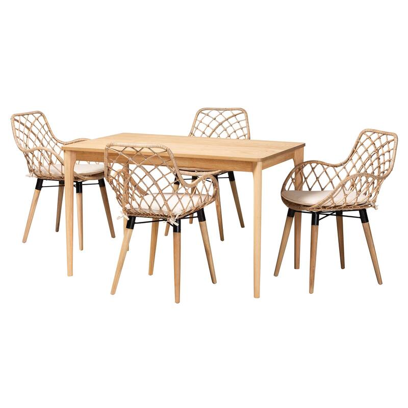 Ballerina Modern Bohemian Finished Wood and Rattan Dining Set