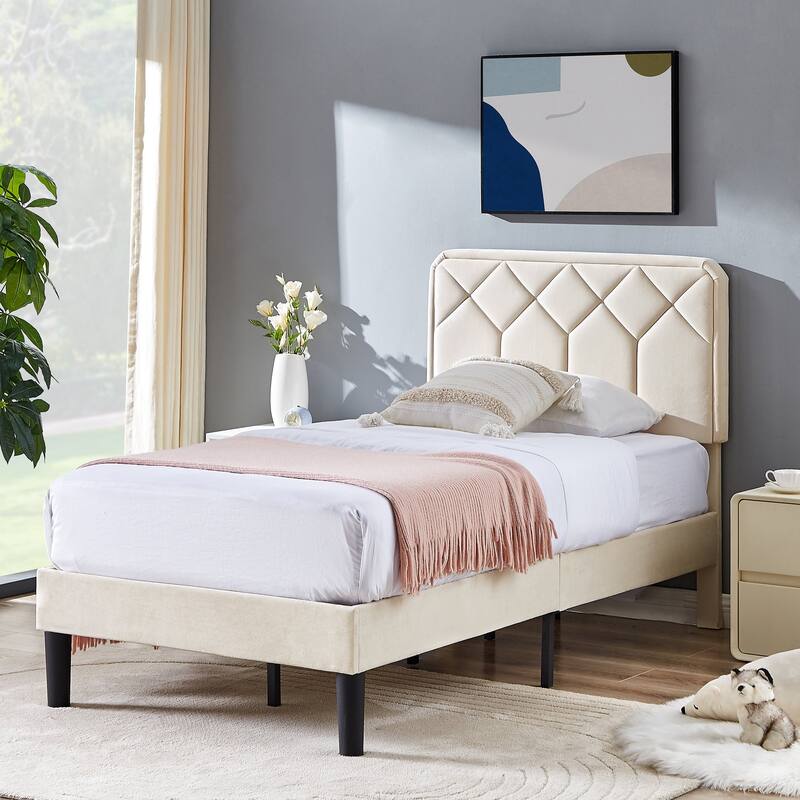 VECELO 3-Pieces Upholstered Platform Bed Frame with Adjustable Headboard and Nightstands Set of 2, Beige