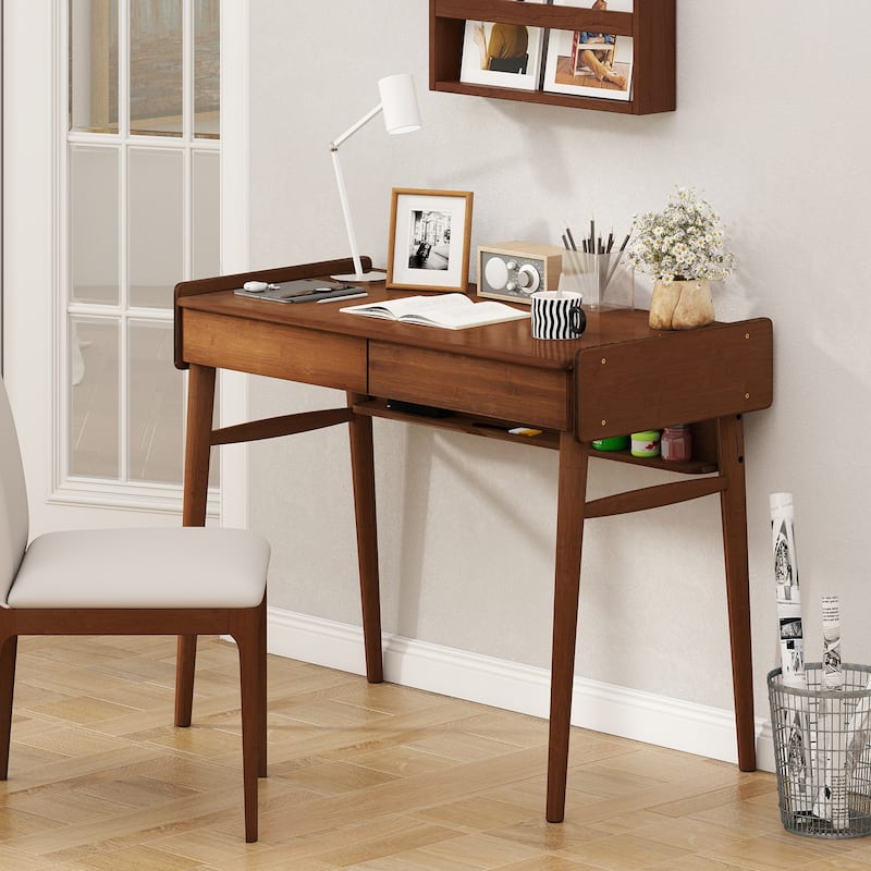 39.5" Wicker Computer Desk with Drawers Shelf Storage and Anti-Falling Guardrails for Office