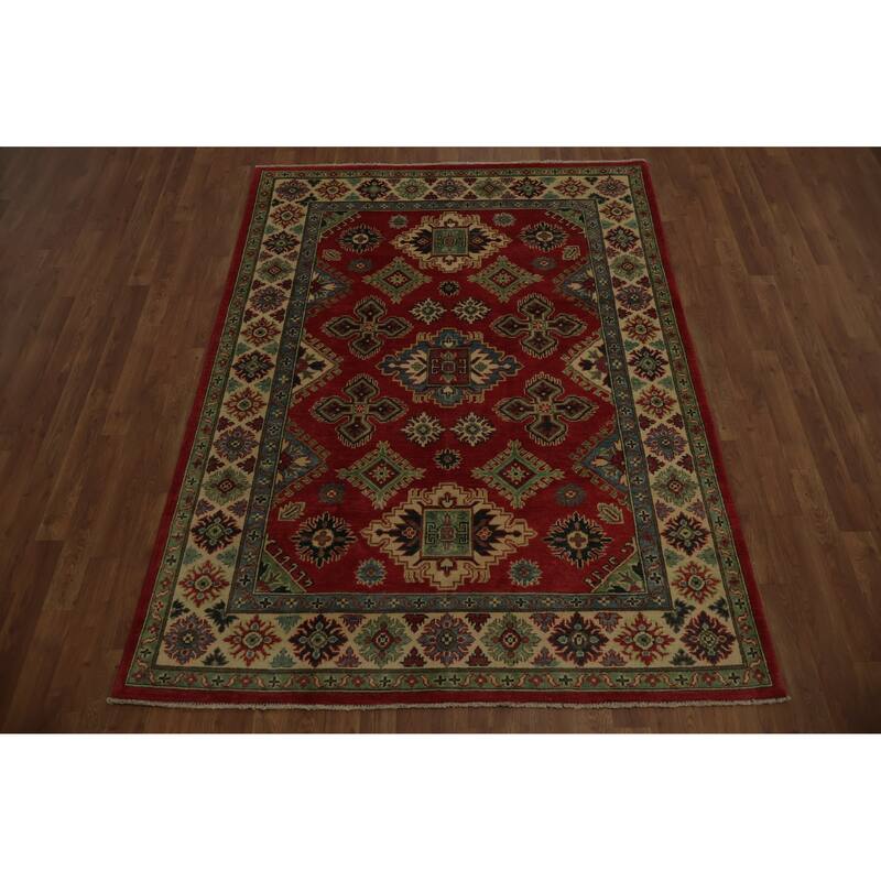 Hand Knotted Oriental 100% Wool Carpet Traditional Geometric Red Kazak Area Rug - 6' 11'' X 5' 2''
