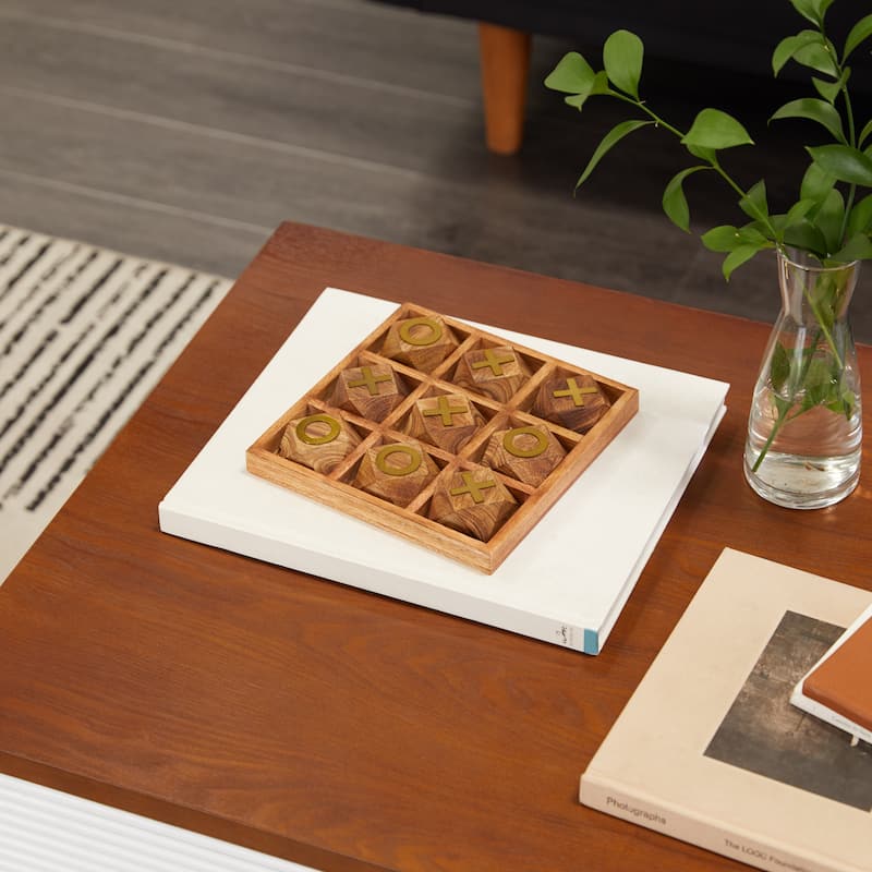 Wood Tic Tac Toe Geometric Game Set with Gold Inlay - Brown - Roche River Decor - 8"W x 8"L x 1"H