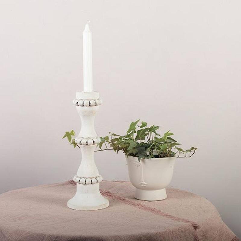 Washed White Wooden With Beads Candle Holder