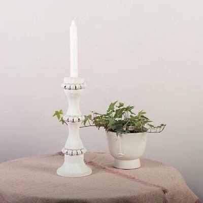 Washed White Wooden With Beads Candle Holder