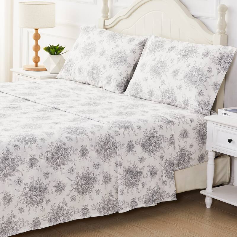 Garden House Cotton Bed Collection (Sheet Set And Duvet Set) - Queen - Gray Floral Etching Sheet Set - 4 Piece