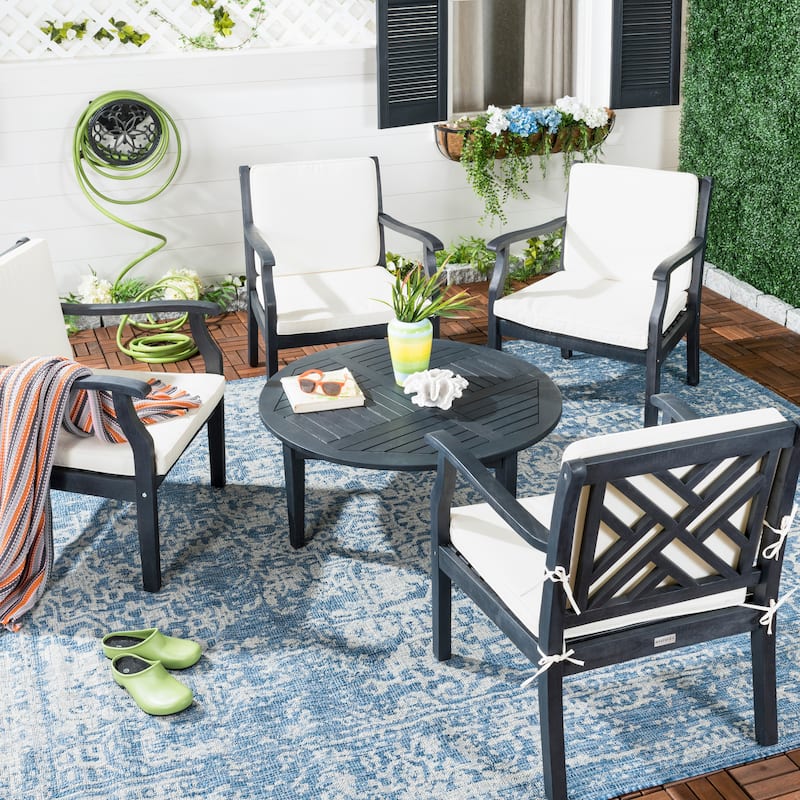 SAFAVIEH Outdoor Vergilia Acacia Wood 5-Piece Patio Set - 35Wx36Dx14H - Dark Slate Grey/Beige