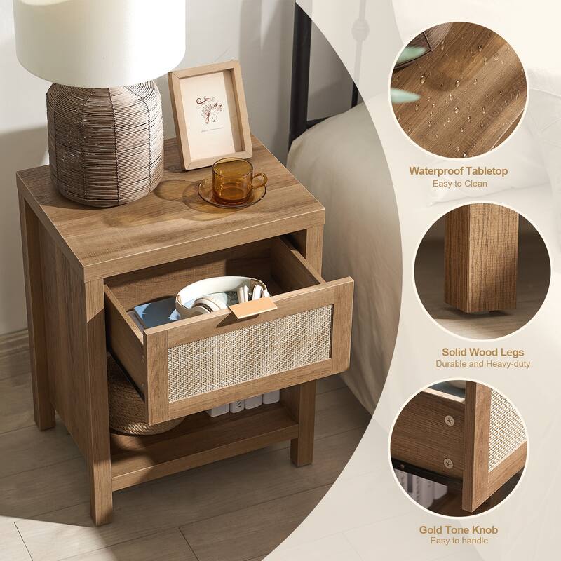 SICOTAS Farmhouse Rattan Nightstand Set of 2 with Drawer and Storage Shelf