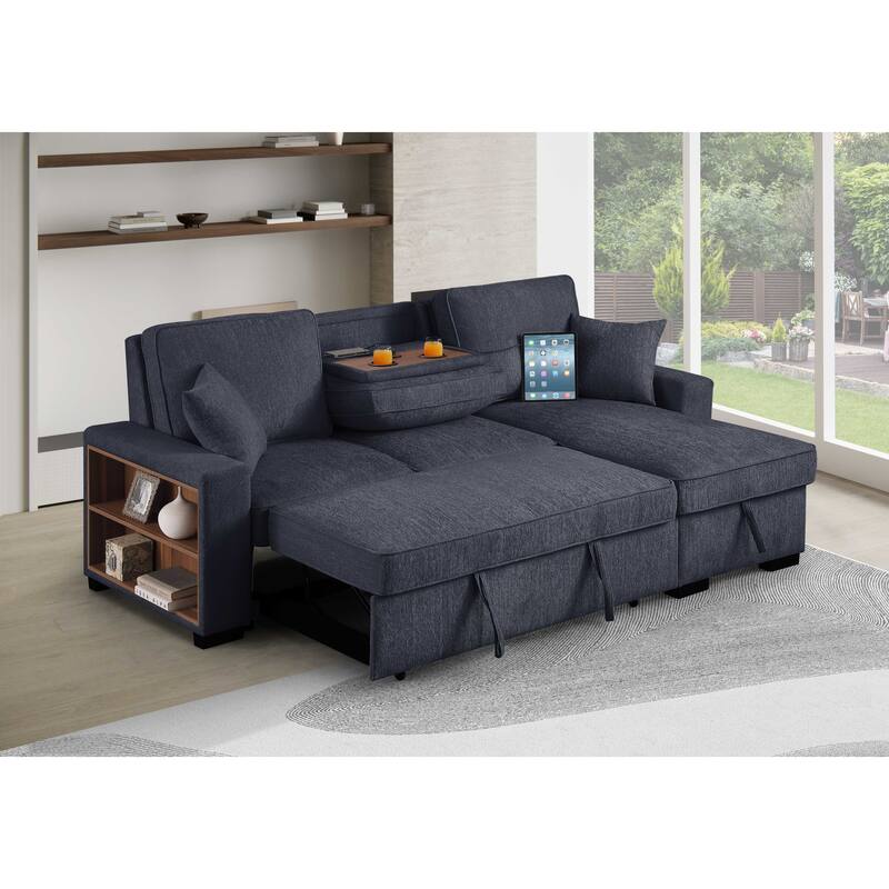 Chenille Reversible Sectional Sofa Convertible Pull Out Couch Bed
