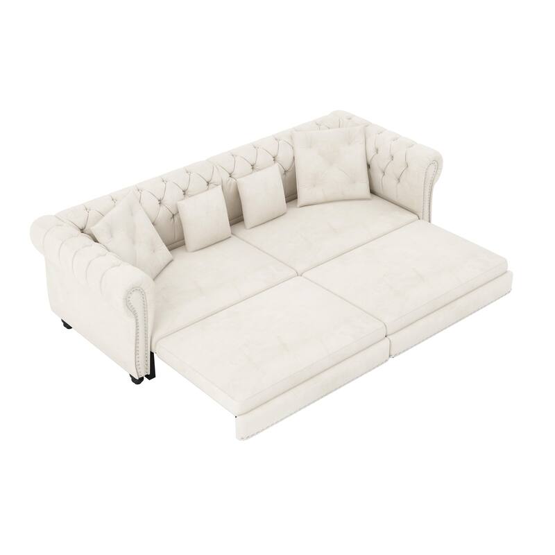 89" Chesterfield Pull Out Sofa Bed - Velvet 3-in-1 Convertible Sleeper with Chaise & Ottoman, King Size Sleeper Sofa