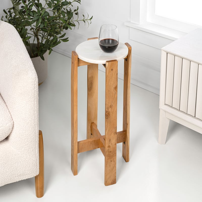 JONATHAN Y Elena 24″ Minimalist Structured Wood Drink & End Table, White Marble Round Top