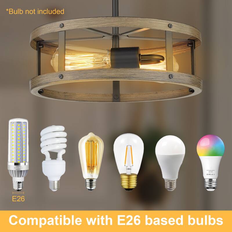 2-light Wood and Matte Black Finish Semi-flush Mount Light Metal Cage Ceiling Light - 12.9" (D) x 4.4" (H)