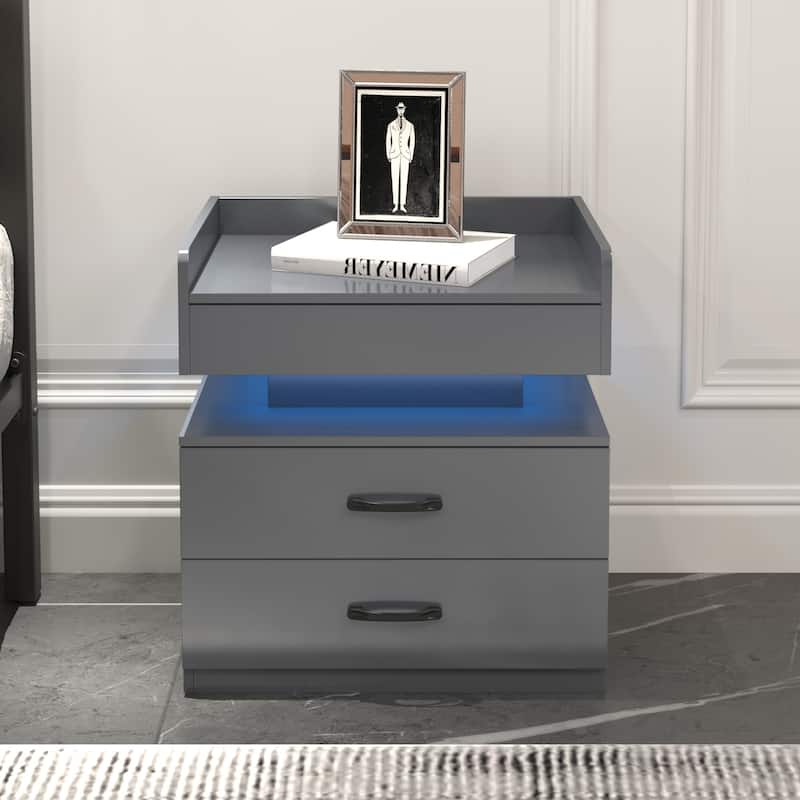1 Set Nightstand with Adjustable LED Strip Light, 2-Drawers, Large Storage Space