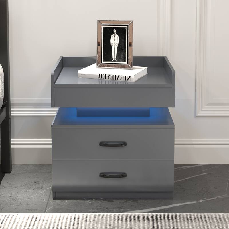 Nightstand with LED Strip Light and 2 Drawers, Bedside End Table with Storage for Bedroom Living Room Study - Gray