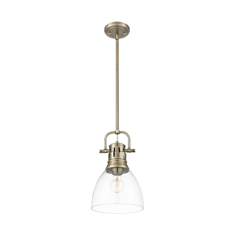 Yep by Golden Lighting Duncan 1-light 9in rod hung Pendant in Aged Brass and Clear Glass
