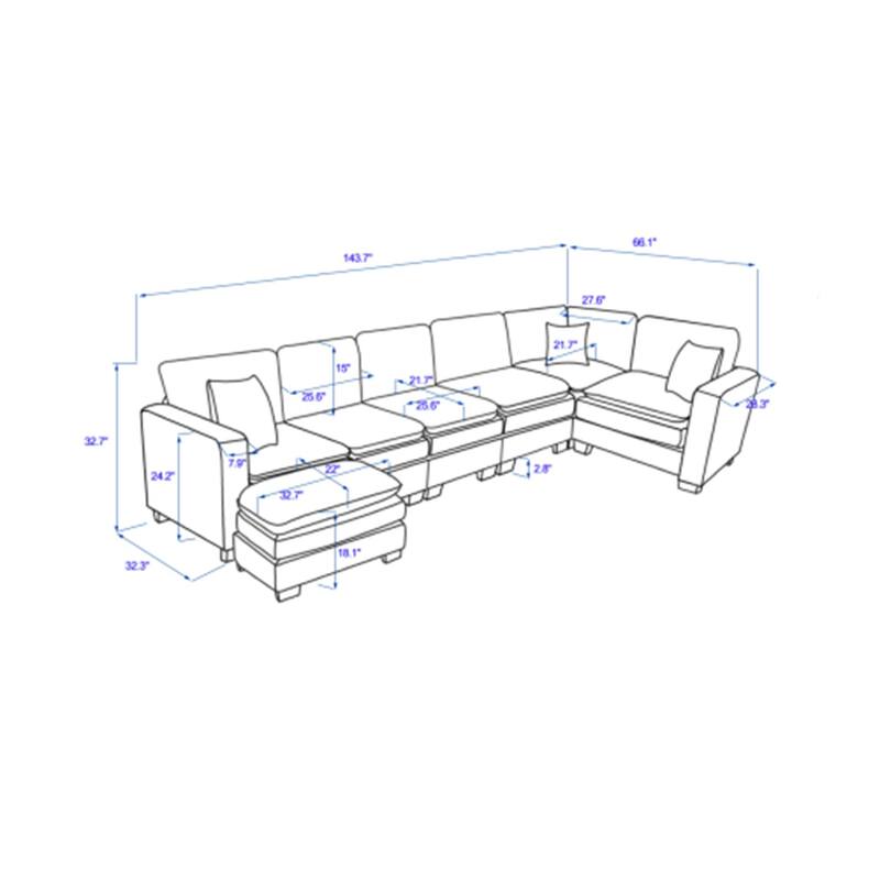 Modern U-Shaped 6-seat Modular Sectional Sofa with 1 Ottoman