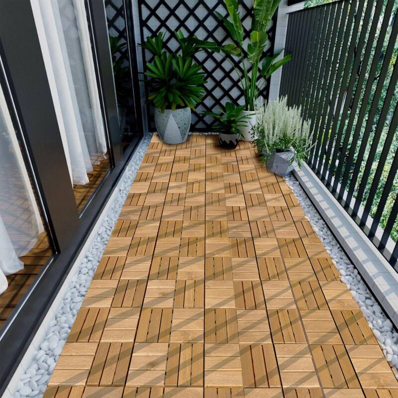 30 PCS Interlocking Deck Tiles Checker Pattern, 12" x 12" Square Acacia Hardwood Outdoor Flooring for Patio,Bancony,Pool Side