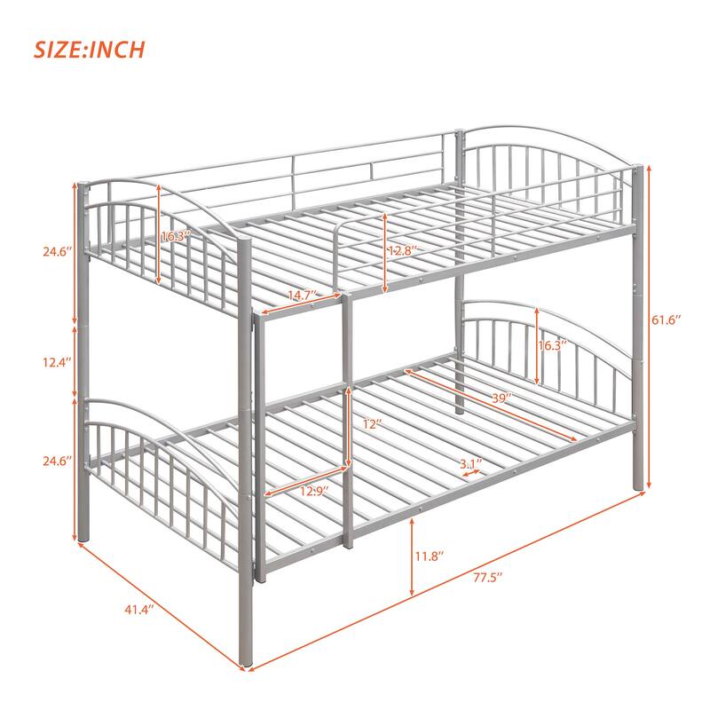 Twin Over Twin Steel Bunk Bed with Guardrails and Convertible Design