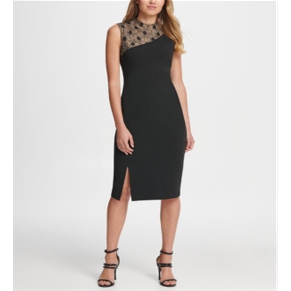 chinese dress ladies DKNY Short Sleeve Grid Lace Jewel Neck Midi Dress Black main image 0