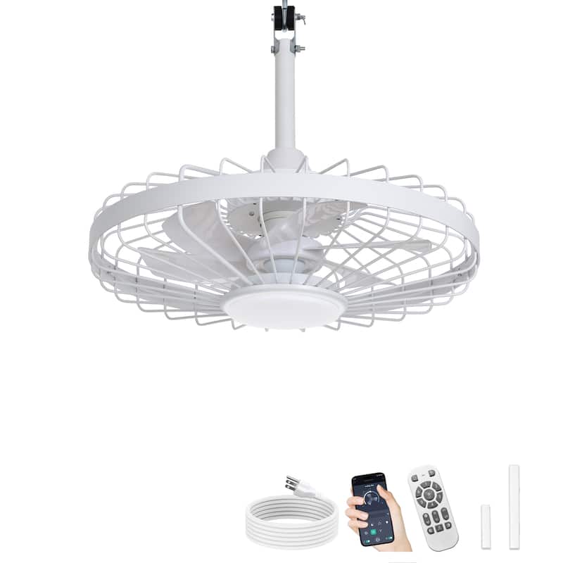 Outdoor Ceiling Fan with Light: 20 Inch Waterproof Gazebo Hanging - Plug in Remote App Control Caged Fans - 6 Speed Black - White