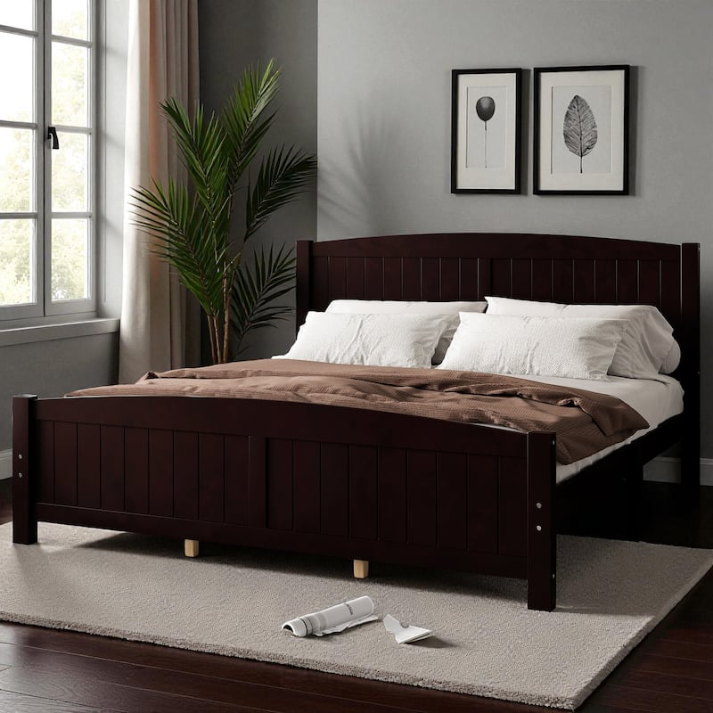 Solid Wood Platform Bed Frame with Support Slats, Strong Structure, No Box Spring Needed Modern Bedroom Furniture - Espresso - King