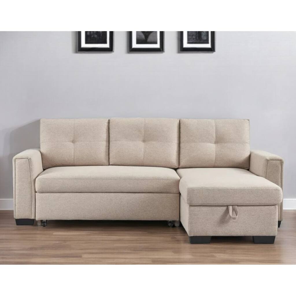 HomeRoots 92" Beige Polyester Blend Convertible Futon Sleeper Sofa With Black Legs - 85