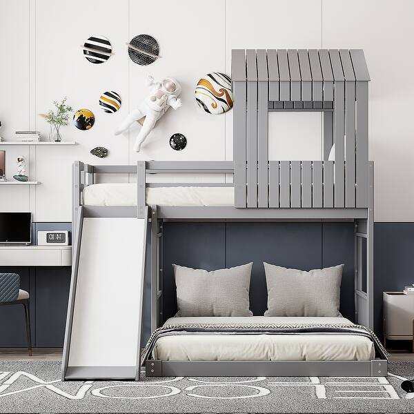 slide 2 of 11, Twin Over Full Bunk Bed, Loft Bed with Playhouse, Wooden Bed with Farmhouse, Ladder, Slide and Guardrails, Gray Grey