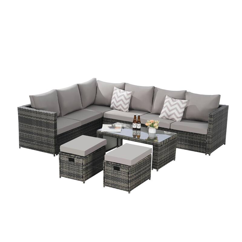 6-Piece Outdoor Patio Rattan Conversation Sectional Sofa Set with Tempered Glass Coffee Table