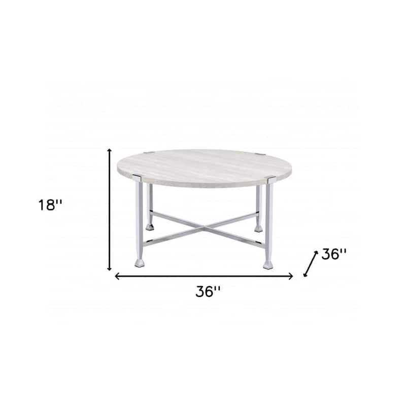 36-Inch White and Silver Round Metal Cross Legs Coffee Table for Living Room - 36” x 36” x 18”