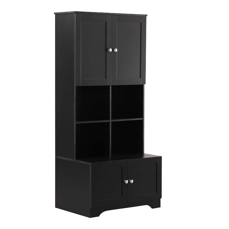 Large Bathroom Floor Standing Storage Cabinet with Open Level Shelves Bathroom Storage Units, 4 Doors Freestanding Cabinet