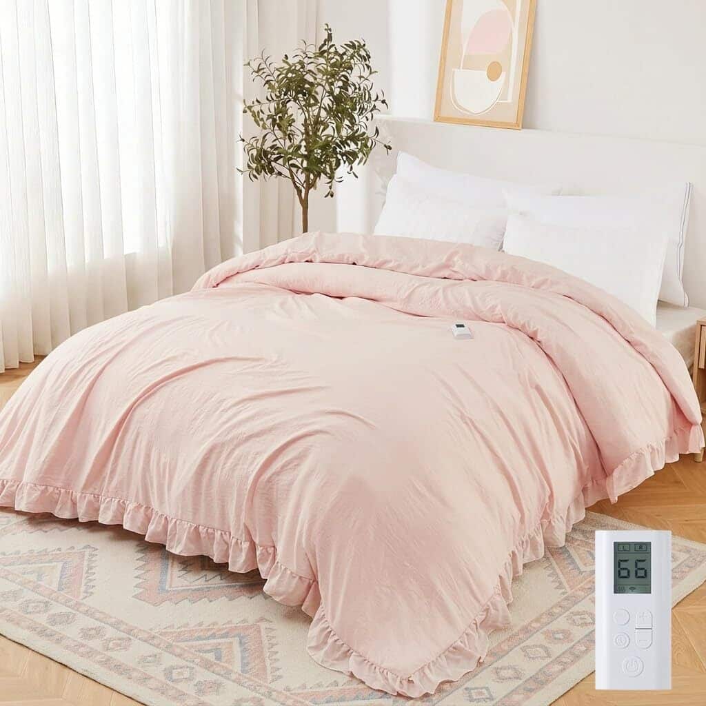 90"x104" Heated Comforter Blanket, Ruffle Electric Quilt Fast Heating King Size, Pink