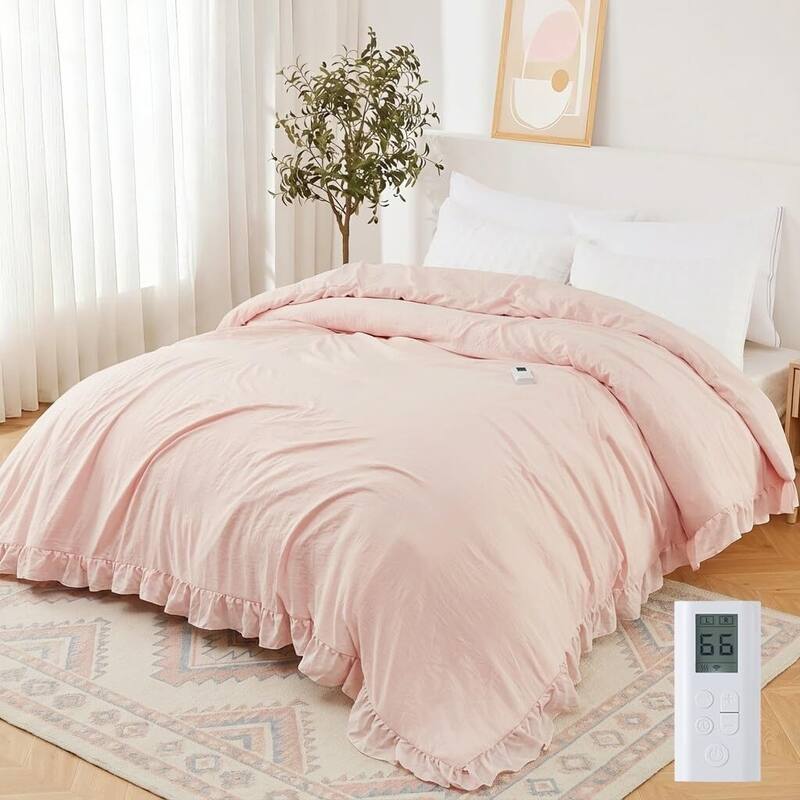 90"x104" Heated Comforter Blanket, Ruffle Electric Quilt Fast Heating King Size, Pink - Pink