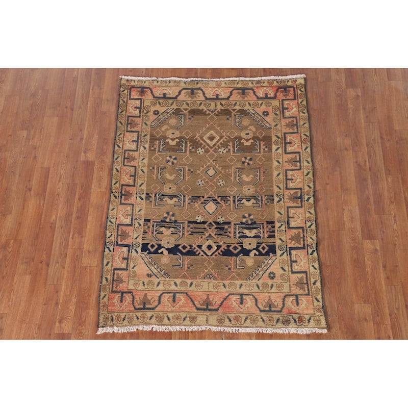 Geometric Hamedan Vintage Persian Rug Handmade Wool Carpet - 3'10"x 5'1"