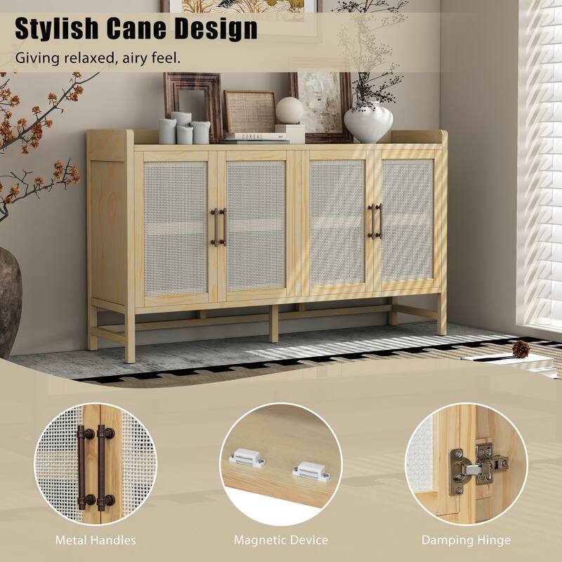4 Doors Rattan Accent Storage Cabinet Buffet Cabinet, Solid Pine Legs