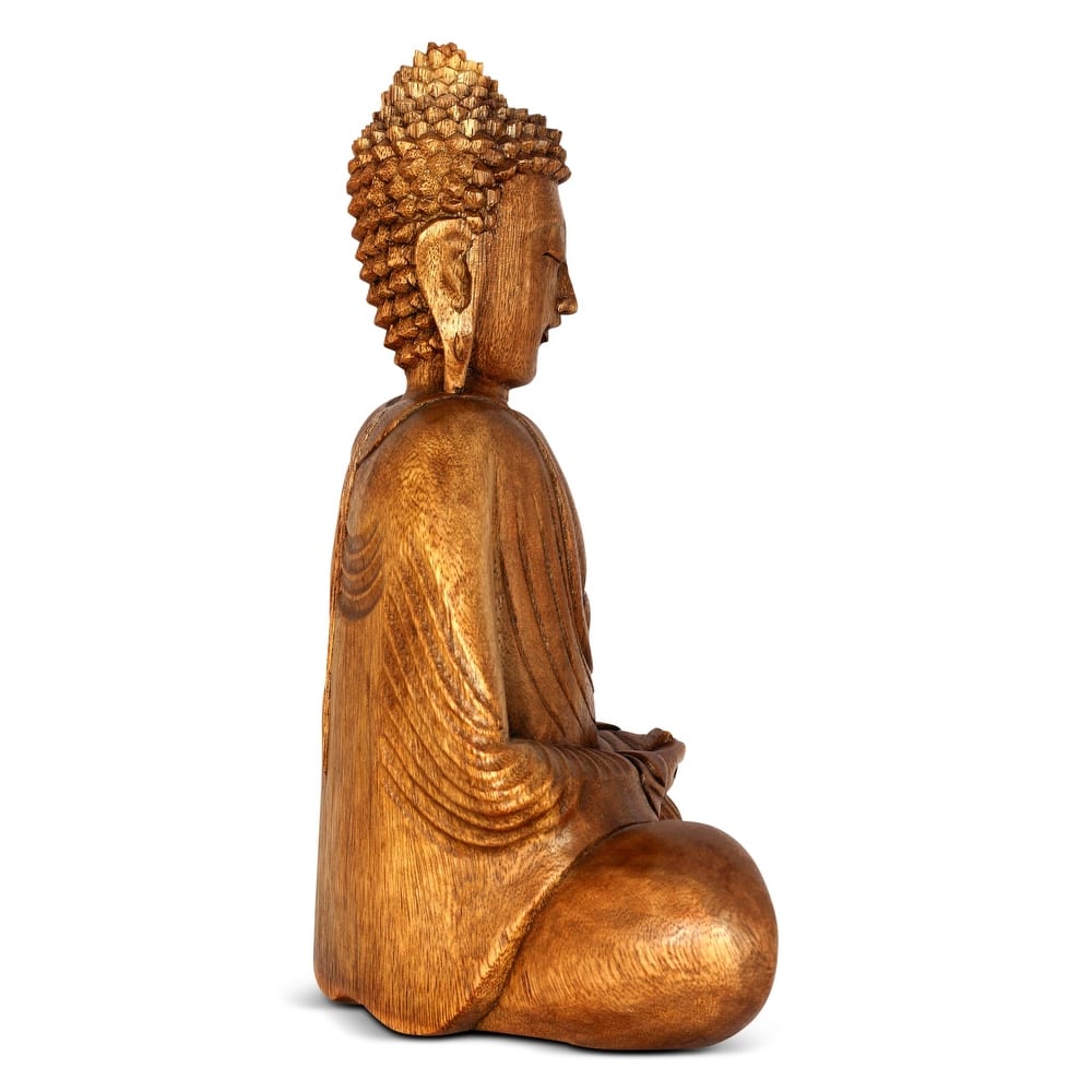 Wooden Serene Sitting Buddha "Dhyana Mudra" Statue Handmade Meditating Sculpture Figurine Decorative Home Decor Accent