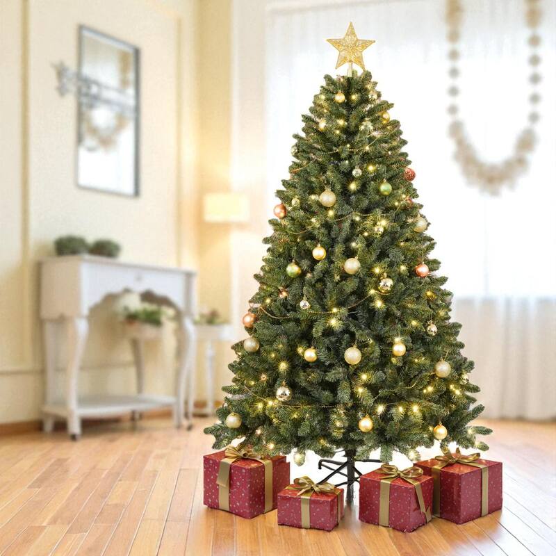 7.5FT Pre-Lit Artificial Christmas Tree with 550 LED Lights, 1350 Tips, Hinged PVC Design and Metal Stand