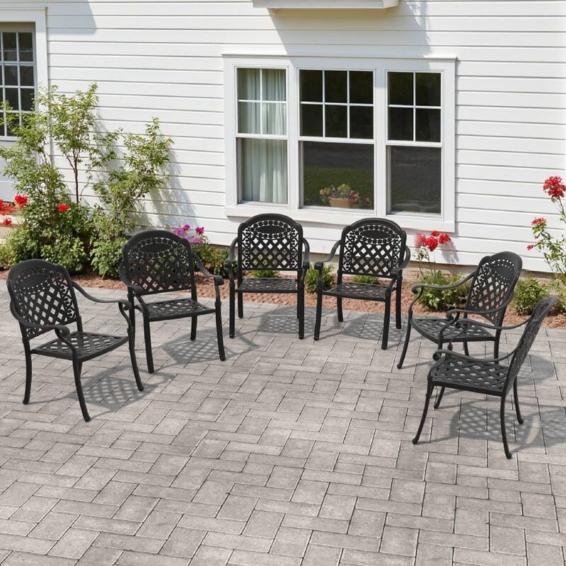 Black Stackable Cast Aluminum Patio Outdoor Dining Chairs With Seat Cushions