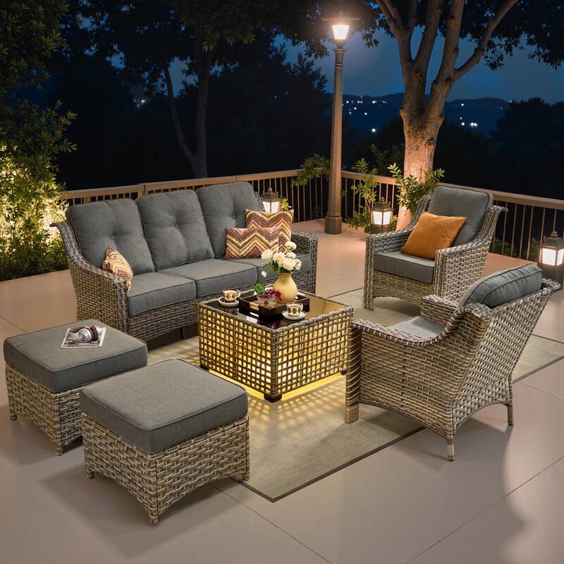 OVIOS 6 Pieces Outdoor Wicker Set With Solar-Powered Table - DarkGrey