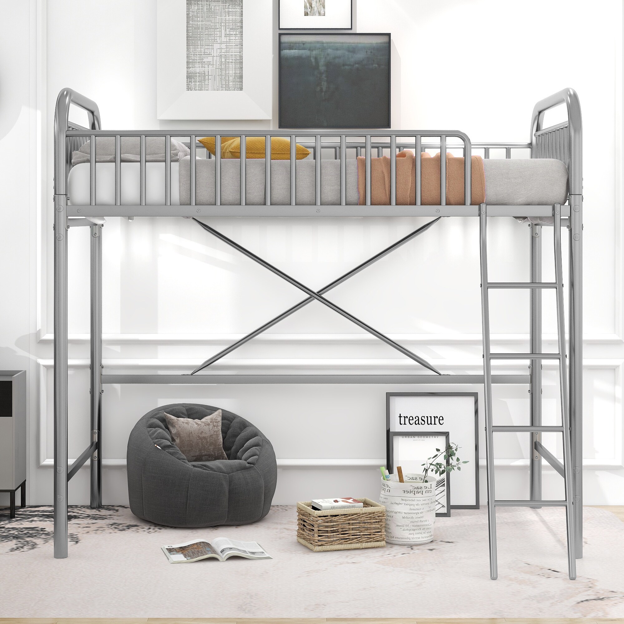 Modern Twin Size Metal Loft Bed No Box Spring Needed Bed Bath