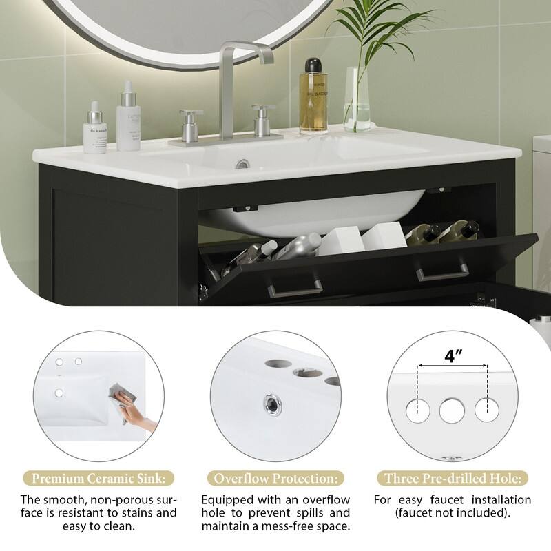 MEDUNJESS 30''/ 60'' Bathroom Vanity with Ceramic Sink, Bathroom Storage Cabinet