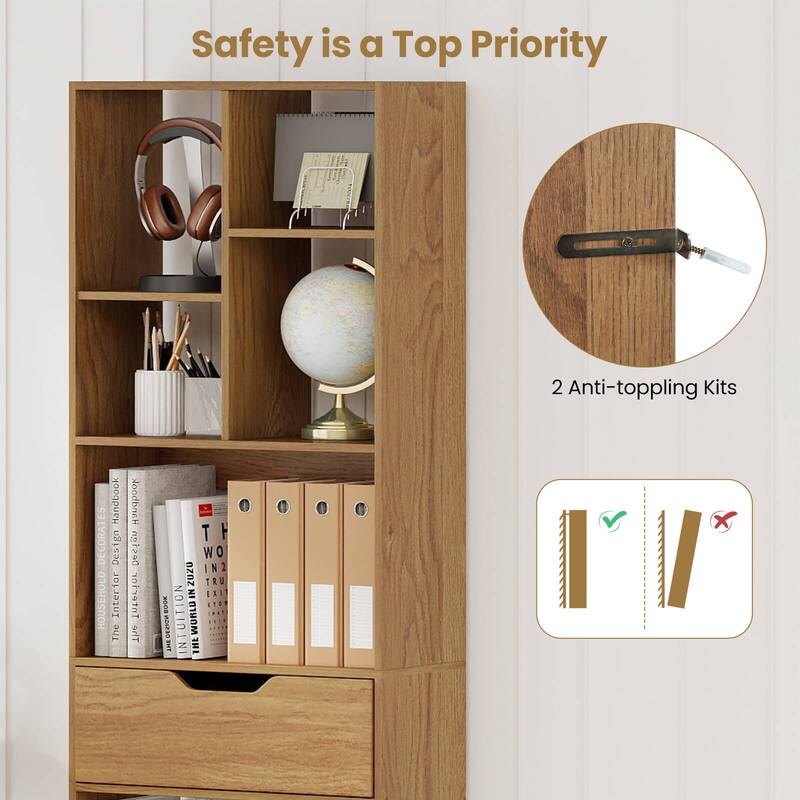 Costway 1/2 PCS 71” Bookcase with Drawer 10 Open Cubes Anti-toppling