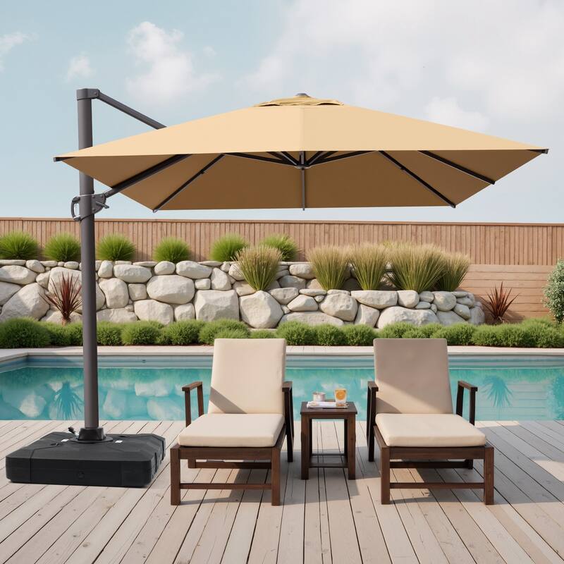 10 x 13 FT Outdoor Shade Canopy Patio Cantilever Offset Umbrella with Base - Tan - Base with 4 wheels 