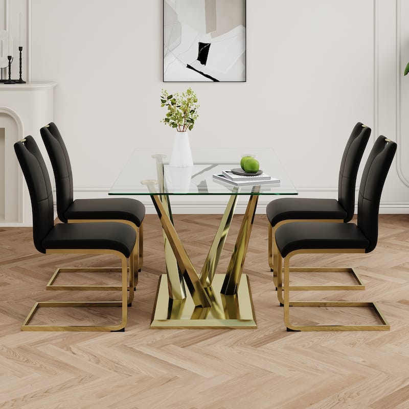 5-Piece Rectangular Dining Table Set for 4 Modern 63" Tempered Glass Kitchen Table with 4 Chairs, Luxury Dining Room Table Set