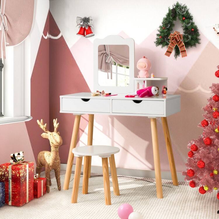 Children's Vanity Table and Chair Set with Mirror and 2 Spacious Storage Drawers - N/A