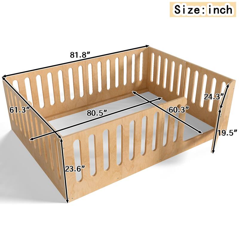 Queen Size Floor Bed with High Fence for Kids, Solid Wood Kids Montessori Bed with Door, No Box Spring Needed Design