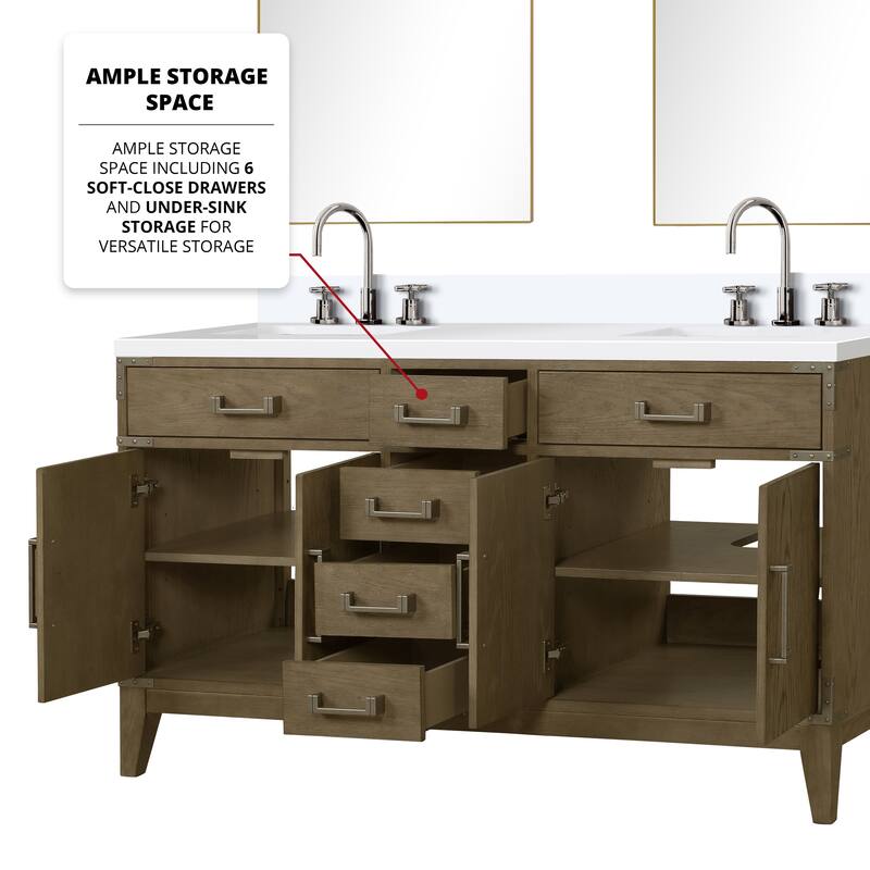 Laurel 60 in W x 22 in D Black Oak Double Bath Vanity, White Quartz Top, Faucet Set, and 28 in Mirrors