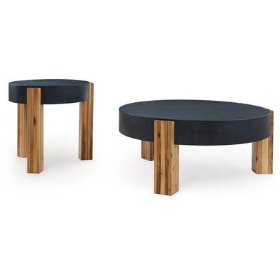 Moy 2pc Coffee and End Table Set, Round Black Textured Top, Solid Wood