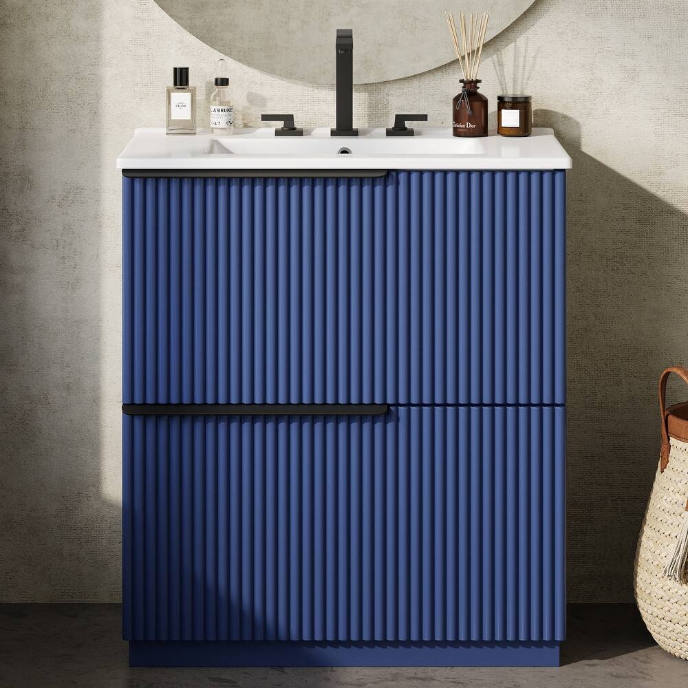 Vertical Grooves Bathroom Cabinet Storage Vanity with Ceramic Sink, Full-Extension Split Drawers and Soft Close Drawer Slides