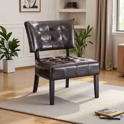 Faux Leather Tufted Accent Chair with Oversized Seating and Wooden Legs
