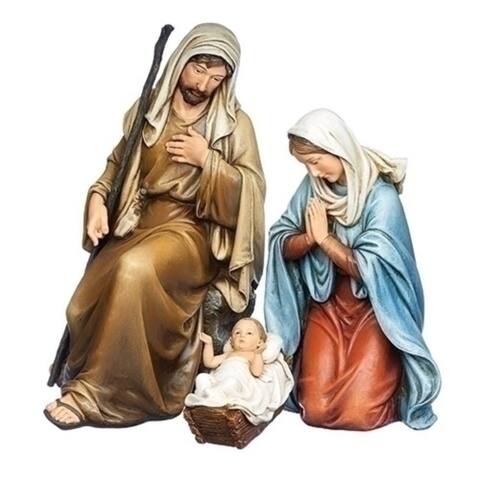 3 Piece Blue Brown Kneeling Holy Family Christmas Figurine Set 14.75"