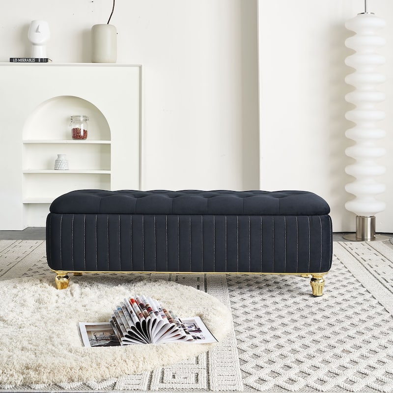 Upholstered Velvet Fabric Storage Ottoman with Safety Hinge - Black